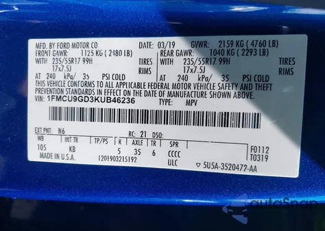 2019 Ford Escape Se z USA, uszkodzony, nr VIN 1FMCU9GD3KUB46236